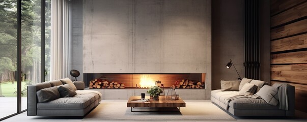 Concrete and wooden paneling walls in minimalist spacious room with fireplace. Interior design of modern living room, panorama | Generative AI