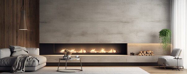 Concrete and wooden paneling walls in minimalist spacious room with fireplace. Interior design of modern living room, panorama | Generative AI