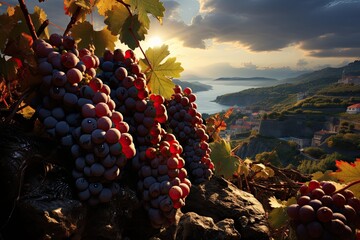 A vineyard landscape with ripe grape clusters in the warm sunset light  - obrazy, fototapety, plakaty