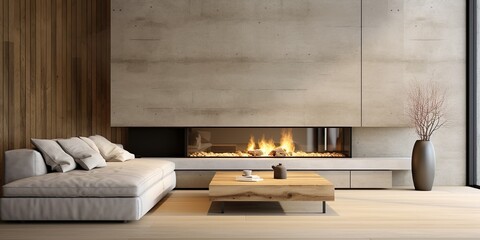 Concrete and wooden paneling walls in minimalist spacious room with fireplace. Interior design of modern living room, panorama | Generative AI