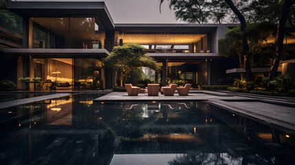 As twilight envelops the scene, the exterior of this luxurious modern home exudes elegance and sophistication, with its impressive architectural design and tranquil ambiance, offering a picturesque an