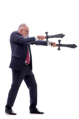 Old businessman holding saber isolated on white