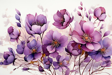 Beautiful detailed and detached small spaced purple flowers on a white background. AI generative