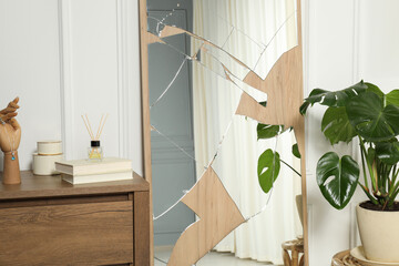 Broken mirror, houseplant, reed diffuser and books on wooden chest of drawers in room