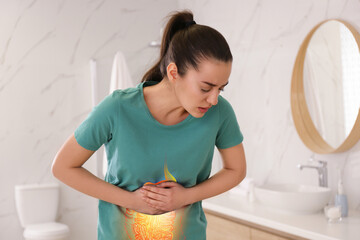 Healthcare service and treatment. Woman suffering from abdominal pain in bathroom. Illustration of gastrointestinal tract - obrazy, fototapety, plakaty