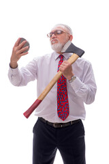 Old businessman shaving face with hatchet isolated on white