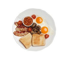 Plate with fried eggs, mushrooms, beans, bacon, tomatoes and toasts isolated on white, top view. Traditional English breakfast