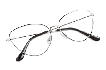 Stylish glasses with metal frame isolated on white