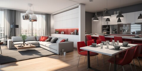 Interior design of modern apartment, kitchen, dining room, living room, panorama | Generative AI