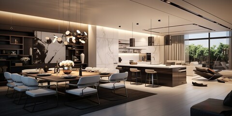 Fototapeta na wymiar Interior design of modern apartment, kitchen, dining room, living room, panorama | Generative AI
