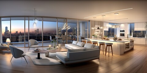 Interior design of modern apartment, kitchen, dining room, living room, panorama | Generative AI