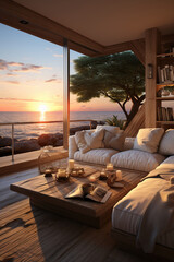 Fototapeta premium Coastal life interior design. AI generative