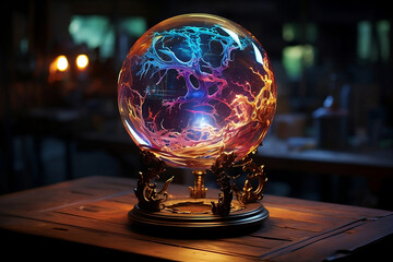 Bola de cristal brillante sobre una superficie de madera, al estilo de la fantasía eléctrica, criaturas sobrenaturales, colores carmesí y azul, escultura brillantes, futurista, irreal