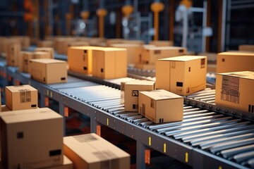 Conveyor with boxes for delivery in automated warehouse. Cardboard parcels on production line. Distribution center with boxes | Generative AI