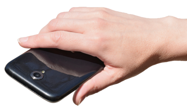 Girl Holding Smartphone With Blank Screen In Hand, on transparent, png. hand with black smartphone. communication