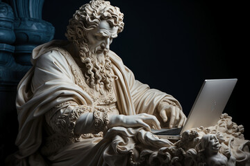 Greek statue of an emperor with carrying a notebook at his side. AI generative