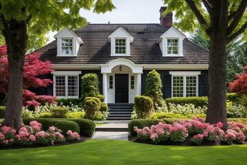 Colonial style brick family house exterior with black roof tiles. Beautiful front yard with lawn and flower bed. | Generative AI