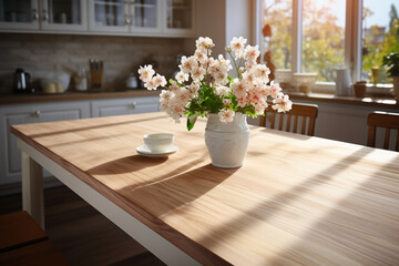 In white wooden table top with blur background of white kitchen. AI generative