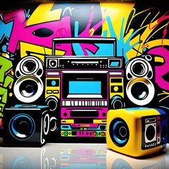 Obraz premium Experience the rhythmic pulse of creativity as vibrant graffiti-covered walls come alive to the beat of a vintage ghetto blaster. This electrifying image captures the essence of urban art in motion.