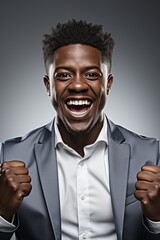 A happy black man with winning expression and posture. Generative AI. 