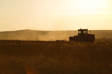Fototapeta premium Tractor working on the field in the sunset light