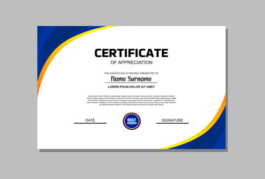 A professional certificate template featuring a vibrant blue and orange design. Perfect for recognizing achievements, awards, and accolades in a modern and eye catching manner.