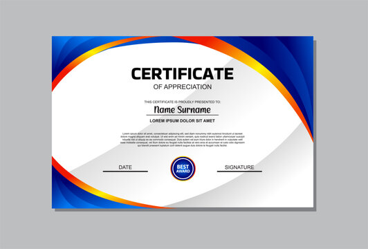A professional certificate template featuring a vibrant blue and orange design. Perfect for recognizing achievements, awards, and accolades in a modern and eye catching manner. - Powered by Adobe