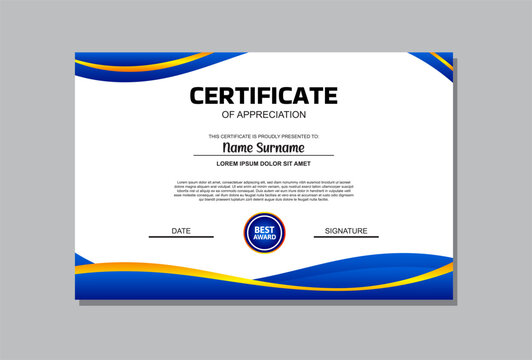 A professional certificate template featuring a vibrant blue and orange design. Perfect for recognizing achievements, awards, and accolades in a modern and eye catching manner.
