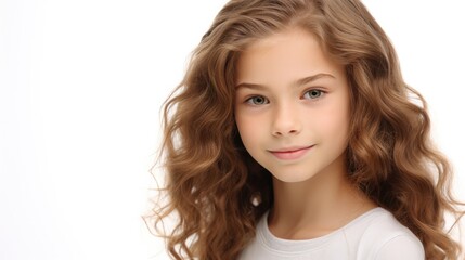 Naklejka premium photo portrait of a beautiful young caucasian white American model teen girl looking forward. child ad with copy space, children, beauty, pretty