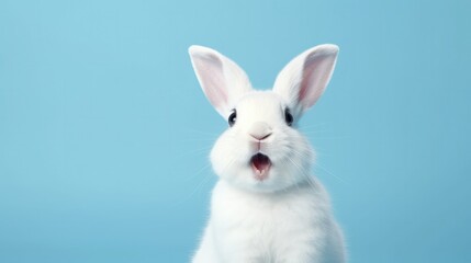Obraz premium cute animal pet rabbit or bunny white color smiling and laughing isolated with copy space for easter background, rabbit, animal, pet, cute, fur, ear, mammal, background, celebration, generate by AI