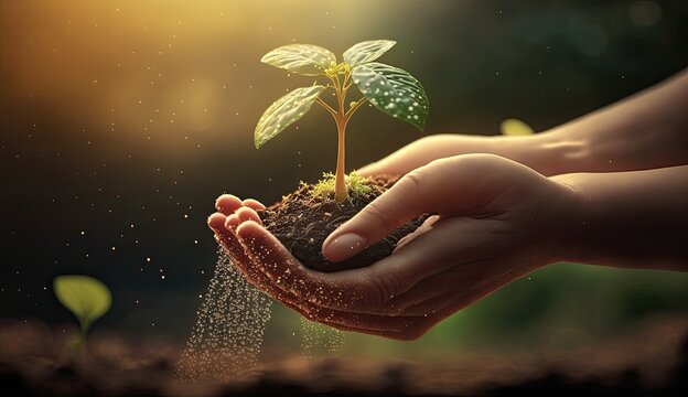hold young tree ready to grow in fertile soil, prepare for plant and reduce global warming, Save world environment , save life, Plant a tree world environment day, sustainable 