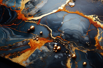 Primer plano de una pintura abstracta de oro sobre mármol negro, azul y ámbar, vista aérea, agua hiperrealista, naranja oscuro y azul cielo, textura