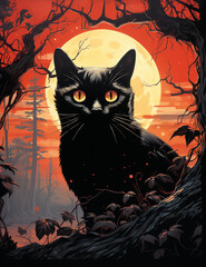 a black Halloween cat in the forest