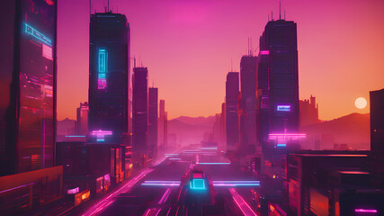 Neon Cyberpunk Synthwave City - Futuristic 80s Background with Vaporwave Lights