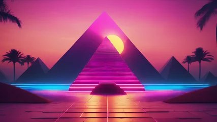 Foto op Canvas Futuristic 80s Pyramid - Colorful Vaporwave and Synthwave Neon Landscape Illustration © spyduckz