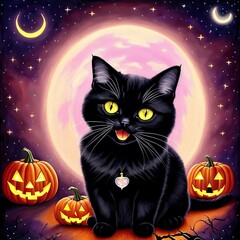 Halloween themed image of a black cat in front of a bright full moon, pumpkins are next to the cat - Generative AI
