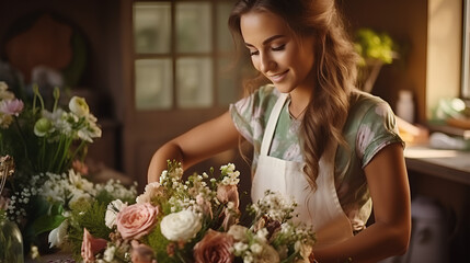 Girl florist collects a bouquet - obrazy, fototapety, plakaty