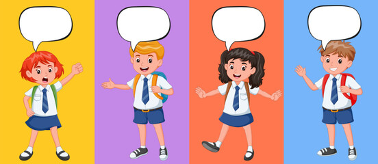 Cartoon children in school uniform with speech bubbles. Vector illustration