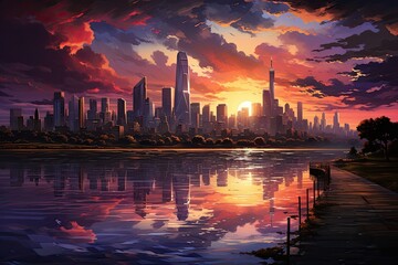 Fototapeta na wymiar A colorful sunset over the skyline of city skyscrapers 
