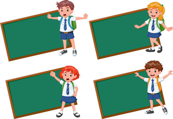 Four frames with happy children in school uniform. Cute kids with four green board. vector illustration