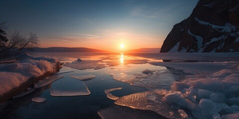 Illustration of Lake Baikal in winter season at sunrise sky. Russia natural landscape
