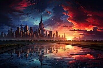 Fototapeta premium A colorful sunset over the skyline of city skyscrapers