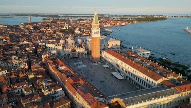Venice city skyline, aerial view of St. Mark's Square with Doge's Palace, Basilica, and Campanile, Italy