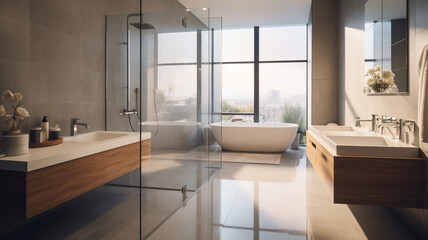 Fototapeta na wymiar Interior of modern bathroom with white walls, tiled floor, comfortable bathtub and panoramic window. 3d rendering generativa IA