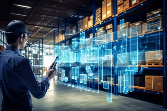 In a futuristic digital warehouse, augmented reality is harnessed to facilitate smart logistics, e-commerce, and streamlined delivery processes, representing modern industrial innovation