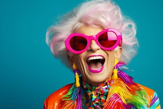 A jubilant senior woman, dressed in a colorful neon outfit, dons quirky sunglasses and showcases her extravagant style while sharing laughter and smiles in a trendy studio photoshoot.
