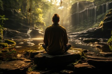 Obraz premium a meditating person in the forest with morning sunlight streaming through