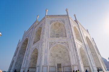 The architecture of the Taj Mahal temple, Agra, Uttar Pradesh, India is built of white marble