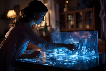 a concept holo 3d render model of a small living house on a table in a real estate agency. signing mortgage contract document and demonstrating. futuristic business. blurry background. Generative AI