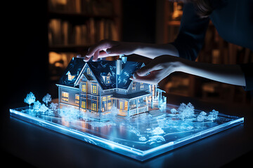 a concept holo 3d render model of a small living house on a table in a real estate agency. signing mortgage contract document and demonstrating. futuristic business. blurry background. Generative AI